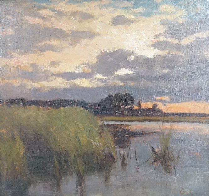In the Manner of Sir George Clausen RA (1852-1944), oil on board, Sunset over Norfolk, initialled GC, 28 x 30cm. Condition - fair to good, board warped